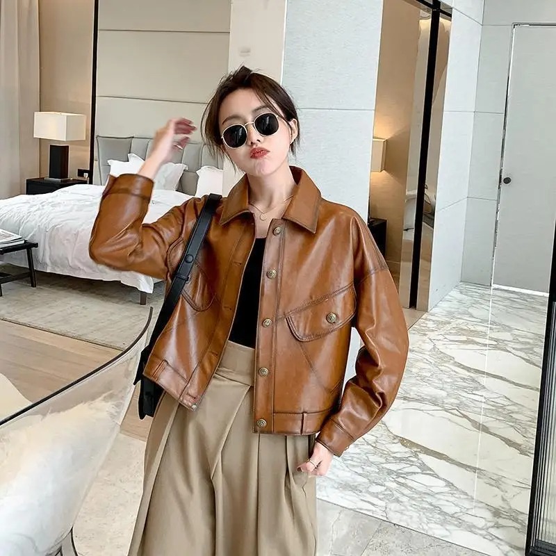 Vintage Casual PU Leather Jackets Women Turn-down Collar Cropped Loose Winter Sheepskin Coats Women 2023 Spring Thicken Outwear - Image 3